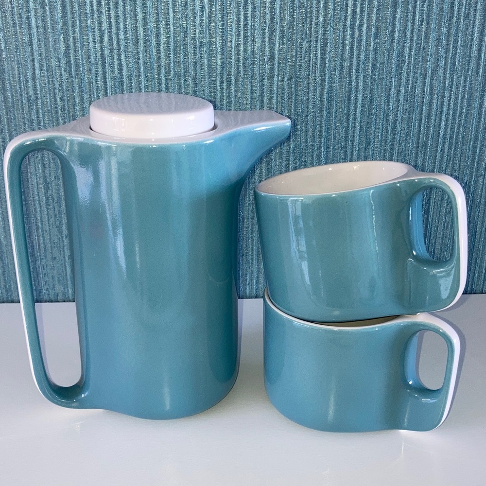 Teal Ceramic Mid Century Modern style Coffee Tea Set Pitcher Pot with two cups